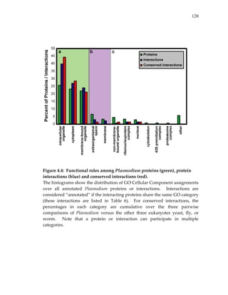 120
 
 
 
Figure 4.4:  Functional roles among Plasmodium proteins (green), protein 
interactions (blue) and conserved interactions (red). 
The histograms show the distribution of GO Cellular Component assignments 
over  all  annotated  Plasmodium  proteins  or  interactions.    Interactions  are 
considered “annotated” if the interacting proteins share the same GO category 
(these  interactions  are  listed  in  Table  6).    For  conserved  interactions,  the 
percentages  in  each  category  are  cumulative  over  the  three  pairwise 
comparisons  of  Plasmodium  versus  the  other  three  eukaryotes  yeast,  fly,  or 
worm.    Note  that  a  protein  or  interaction  can  participate  in  multiple 
categories. 
 