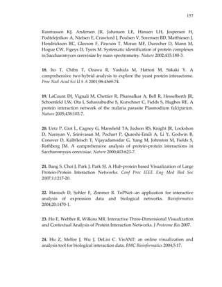 157
Rasmussen  KJ,  Andersen  JR,  Johansen  LE,  Hansen  LH,  Jespersen  H, 
Podtelejnikov A, Nielsen E, Crawford J, Poulsen V, Sorensen BD, Matthiesen J, 
Hendrickson  RC,  Gleeson  F,  Pawson  T,  Moran  MF,  Durocher  D,  Mann  M, 
Hogue CW, Figeys D, Tyers M. Systematic identification of protein complexes 
in Saccharomyces cerevisiae by mass spectrometry. Nature 2002;415:180‐3. 
18.  Ito  T,  Chiba  T,  Ozawa  R,  Yoshida  M,  Hattori  M,  Sakaki  Y.  A 
comprehensive two‐hybrid analysis to explore the yeast protein interactome. 
Proc Natl Acad Sci U S A 2001;98:4569‐74. 
19. LaCount DJ, Vignali M, Chettier R, Phansalkar A, Bell R, Hesselberth JR, 
Schoenfeld LW, Ota I, Sahasrabudhe S, Kurschner C, Fields S, Hughes RE. A 
protein  interaction  network  of  the  malaria  parasite  Plasmodium  falciparum. 
Nature 2005;438:103‐7. 
20. Uetz P, Giot L, Cagney G, Mansfield TA, Judson RS, Knight JR, Lockshon 
D,  Narayan  V,  Srinivasan  M,  Pochart  P,  Qureshi‐Emili  A,  Li  Y,  Godwin  B, 
Conover D, Kalbfleisch T, Vijayadamodar G, Yang M, Johnston M, Fields S, 
Rothberg  JM.  A  comprehensive  analysis  of  protein‐protein  interactions  in 
Saccharomyces cerevisiae. Nature 2000;403:623‐7. 
21. Bang S, Choi J, Park J, Park SJ. A Hub‐protein based Visualization of Large 
Protein‐Protein  Interaction  Networks.  Conf  Proc  IEEE  Eng  Med  Biol  Soc 
2007;1:1217‐20. 
22.  Hanisch  D,  Sohler  F,  Zimmer  R.  ToPNet‐‐an  application  for  interactive 
analysis  of  expression  data  and  biological  networks.  Bioinformatics 
2004;20:1470‐1. 
23. Ho E, Webber R, Wilkins MR. Interactive Three‐Dimensional Visualization 
and Contextual Analysis of Protein Interaction Networks. J Proteome Res 2007. 
24.  Hu  Z,  Mellor  J,  Wu  J,  DeLisi  C.  VisANT:  an  online  visualization  and 
analysis tool for biological interaction data. BMC Bioinformatics 2004;5:17. 
 