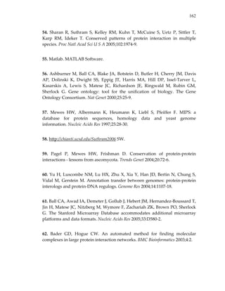 162
54.  Sharan  R,  Suthram  S,  Kelley  RM,  Kuhn  T,  McCuine  S,  Uetz  P,  Sittler  T, 
Karp  RM,  Ideker  T.  Conserved  patterns  of  protein  interaction  in  multiple 
species. Proc Natl Acad Sci U S A 2005;102:1974‐9. 
55. Matlab. MATLAB Software. 
56. Ashburner M, Ball CA, Blake JA, Botstein D, Butler H, Cherry JM, Davis 
AP,  Dolinski  K,  Dwight  SS,  Eppig  JT,  Harris  MA,  Hill  DP,  Issel‐Tarver  L, 
Kasarskis  A,  Lewis  S,  Matese  JC,  Richardson  JE,  Ringwald  M,  Rubin  GM, 
Sherlock  G.  Gene  ontology:  tool  for  the  unification  of  biology.  The  Gene 
Ontology Consortium. Nat Genet 2000;25:25‐9. 
57.  Mewes  HW,  Albermann  K,  Heumann  K,  Liebl  S,  Pfeiffer  F.  MIPS:  a 
database  for  protein  sequences,  homology  data  and  yeast  genome 
information. Nucleic Acids Res 1997;25:28‐30. 
58. http://chianti.ucsd.edu/Suthram2006 SW. 
59.  Pagel  P,  Mewes  HW,  Frishman  D.  Conservation  of  protein‐protein 
interactions ‐ lessons from ascomycota. Trends Genet 2004;20:72‐6. 
60. Yu H, Luscombe NM, Lu HX, Zhu X, Xia Y, Han JD, Bertin N, Chung S, 
Vidal M, Gerstein M. Annotation transfer between genomes: protein‐protein 
interologs and protein‐DNA regulogs. Genome Res 2004;14:1107‐18. 
61. Ball CA, Awad IA, Demeter J, Gollub J, Hebert JM, Hernandez‐Boussard T, 
Jin H, Matese JC, Nitzberg M, Wymore F, Zachariah ZK, Brown PO, Sherlock 
G.  The  Stanford  Microarray  Database  accommodates  additional  microarray 
platforms and data formats. Nucleic Acids Res 2005;33:D580‐2. 
62.  Bader  GD,  Hogue  CW.  An  automated  method  for  finding  molecular 
complexes in large protein interaction networks. BMC Bioinformatics 2003;4:2. 
 