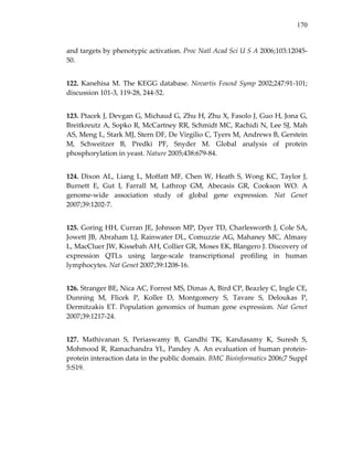 170
and targets by phenotypic activation. Proc Natl Acad Sci U S A 2006;103:12045‐
50. 
122. Kanehisa M. The KEGG database. Novartis Found Symp 2002;247:91‐101; 
discussion 101‐3, 119‐28, 244‐52. 
123. Ptacek J, Devgan G, Michaud G, Zhu H, Zhu X, Fasolo J, Guo H, Jona G, 
Breitkreutz A, Sopko R, McCartney RR, Schmidt MC, Rachidi N, Lee SJ, Mah 
AS, Meng L, Stark MJ, Stern DF, De Virgilio C, Tyers M, Andrews B, Gerstein 
M,  Schweitzer  B,  Predki  PF,  Snyder  M.  Global  analysis  of  protein 
phosphorylation in yeast. Nature 2005;438:679‐84. 
124. Dixon AL, Liang L, Moffatt MF, Chen W, Heath S, Wong KC, Taylor J, 
Burnett  E,  Gut  I,  Farrall  M,  Lathrop  GM,  Abecasis  GR,  Cookson  WO.  A 
genome‐wide  association  study  of  global  gene  expression.  Nat  Genet 
2007;39:1202‐7. 
125. Goring HH, Curran JE, Johnson MP, Dyer TD, Charlesworth J, Cole SA, 
Jowett JB, Abraham LJ, Rainwater DL, Comuzzie AG, Mahaney MC, Almasy 
L, MacCluer JW, Kissebah AH, Collier GR, Moses EK, Blangero J. Discovery of 
expression  QTLs  using  large‐scale  transcriptional  profiling  in  human 
lymphocytes. Nat Genet 2007;39:1208‐16. 
126. Stranger BE, Nica AC, Forrest MS, Dimas A, Bird CP, Beazley C, Ingle CE, 
Dunning  M,  Flicek  P,  Koller  D,  Montgomery  S,  Tavare  S,  Deloukas  P, 
Dermitzakis  ET.  Population  genomics  of  human  gene  expression.  Nat  Genet 
2007;39:1217‐24. 
127.  Mathivanan  S,  Periaswamy  B,  Gandhi  TK,  Kandasamy  K,  Suresh  S, 
Mohmood R, Ramachandra YL, Pandey A. An evaluation of human protein‐
protein interaction data in the public domain. BMC Bioinformatics 2006;7 Suppl 
5:S19. 
 