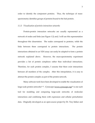 5
order  to  identify  the  component  proteins.    Thus,  the  technique  of  mass‐
spectrometry identifies groups of proteins bound to the bait protein. 
1.1.3 Visualization of protein interaction networks 
Protein‐protein  interaction  networks  are  usually  represented  as  a 
network of nodes and links (see Figure 1.2) and, I will use this representation 
throughout  this  dissertation.    The  nodes  correspond  to  proteins,  while  the 
links  between  them  correspond  to  protein  interactions.    The  protein 
interactions obtained in an Y2H assay can easily be adapted to form a protein 
network  explained  above.    However,  the  mass‐spectrometry  experiment 
provides  a  list  of  protein  complexes  rather  than  individual  interactions.  
Therefore,  for  each  protein  complex,  I  assume  that  there  exist  interactions 
between  all  members  of  the  complex.    After  this  interpolation,  it  is  easy  to 
abstract the protein complex as part of the protein network.   
Many software tools have been developed to enable the visualization of 
large‐scale protein networks21‐25.  Cytoscape (www.cytoscape.org)25 is one such 
tool  for  modeling  and  comparing  large‐scale  networks  of  molecular 
interactions  and  combining  them  with  expression  and  cellular  perturbation 
data.  Originally developed as an open‐source project by Dr. Trey Ideker and 
 