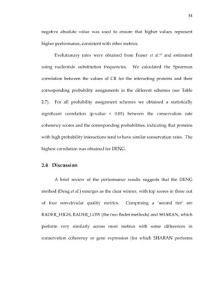 34
negative  absolute  value  was  used  to  ensure  that  higher  values  represent 
higher performance, consistent with other metrics.     
Evolutionary  rates  were  obtained  from  Fraser  et  al.65  and  estimated 
using  nucleotide  substitution  frequencies.    We  calculated  the  Spearman 
correlation  between  the  values  of  CR  for  the  interacting  proteins  and  their 
corresponding  probability  assignments  in  the  different  schemes  (see  Table 
2.7).    For  all  probability  assignment  schemes  we  obtained  a  statistically 
significant  correlation  (p‐value  <  0.05)  between  the  conservation  rate 
coherency scores and the corresponding probabilities, indicating that proteins 
with high probability interactions tend to have similar conservation rates.  The 
highest correlation was obtained for DENG. 
2.4 Discussion 
A  brief  review  of  the  performance  results  suggests  that  the  DENG 
method (Deng et al.) emerges as the clear winner, with top scores in three out 
of  four  non‐circular  quality  metrics.    Comprising  a  ‘second  tier’  are 
BADER_HIGH, BADER_LOW (the two Bader methods) and SHARAN, which 
perform  very  similarly  across  most  metrics  with  some  differences  in 
conservation  coherency  or  gene  expression  (for  which  SHARAN  performs 
 
