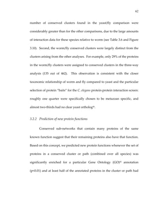 62
number  of  conserved  clusters  found  in  the  yeast/fly  comparison  were 
considerably greater than for the other comparisons, due to the large amounts 
of interaction data for these species relative to worm (see Table 3.6 and Figure 
3.10).  Second, the worm/fly conserved clusters were largely distinct from the 
clusters arising from the other analyses.  For example, only 29% of the proteins 
in the worm/fly clusters were assigned to conserved clusters in the three‐way 
analysis  (135  out  of  462).    This  observation  is  consistent  with  the  closer 
taxonomic relationship of worm and fly compared to yeast and the particular 
selection of protein “baits” for the C. elegans protein‐protein interaction screen: 
roughly  one  quarter  were  specifically  chosen  to  be  metazoan  specific,  and 
almost two‐thirds had no clear yeast ortholog40.   
3.2.2 Prediction of new protein functions 
Conserved  sub‐networks  that  contain  many  proteins  of  the  same 
known function suggest that their remaining proteins also have that function.  
Based on this concept, we predicted new protein functions whenever the set of 
proteins  in  a  conserved  cluster  or  path  (combined  over  all  species)  was 
significantly  enriched  for  a  particular  Gene  Ontology  (GO)82  annotation 
(p<0.01) and at least half of the annotated proteins in the cluster or path had 
 