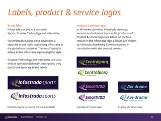 11Brand Manual Version 1.0
Brand label
Infostrada is active in 3 domains:
Sports, Creative Technology and Interactive.
For Infostrada Sports we’ve developed a
separate brand label, positioning Infostrada in
the global sports market. The word ‘sports’ is
added to the Infostrada logo in a lighter style.
Creative Technology and Interactive are used
only as operational domain descriptors; they
don’t have separate brand labels.
Product  service logos
In all market domains, Infostrada develops
services and solutions that can be ‘productized’.
Product  service logos are based on the four
colours in the Infostrada logo. Colours are chosen
by Infostrada Marketing Communications in
consultation with the product owners.
Labels, product  service logos
Infostrada Sports is presently the only brand label Examples of Product logos Example of a Service logo
 
