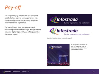 12Brand Manual Version 1.0
Pay-off
The corporate pay-off captures our spirit and
joint belief: we want to turn experiences into
excitement by connecting as many people as
possible to these experiences.
The pay-off has a fixed size, typeface and
positioning in relation to the logo. Always use the
provided digital logos with pay-off to guarantee
the proper usage.
In exceptional situations we
use the pay-off as title, for
instance on the cover of our
corporate brochure.
Standard position of the Infostrada pay-off
 