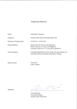 Employment reference Namika Finland 2