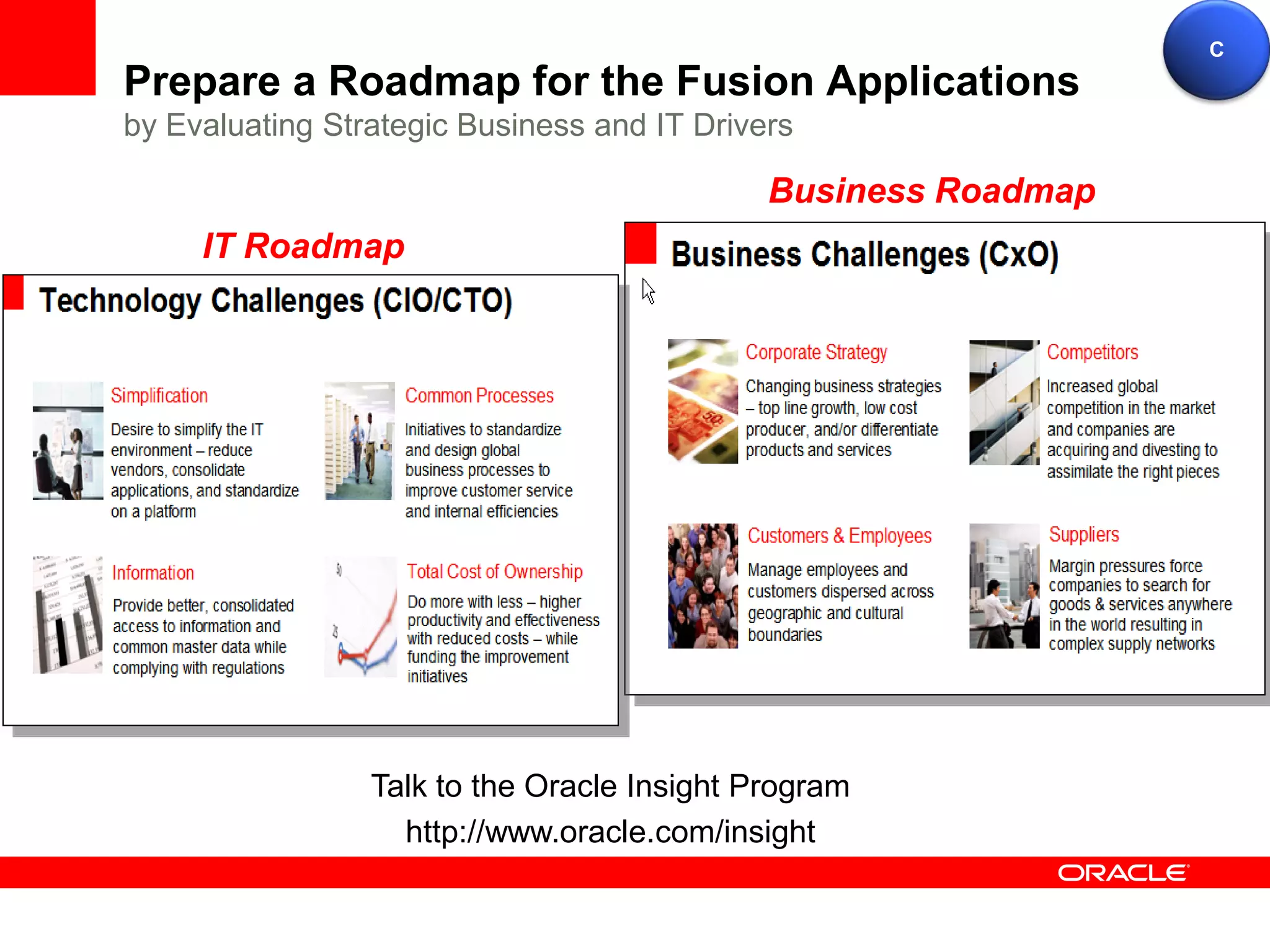 C
Prepare a Roadmap for the Fusion Applications
by Evaluating Strategic Business and IT Drivers

                                             Business Roadmap
     IT Roadmap




                 Talk to the Oracle Insight Program
                   http://www.oracle.com/insight
 