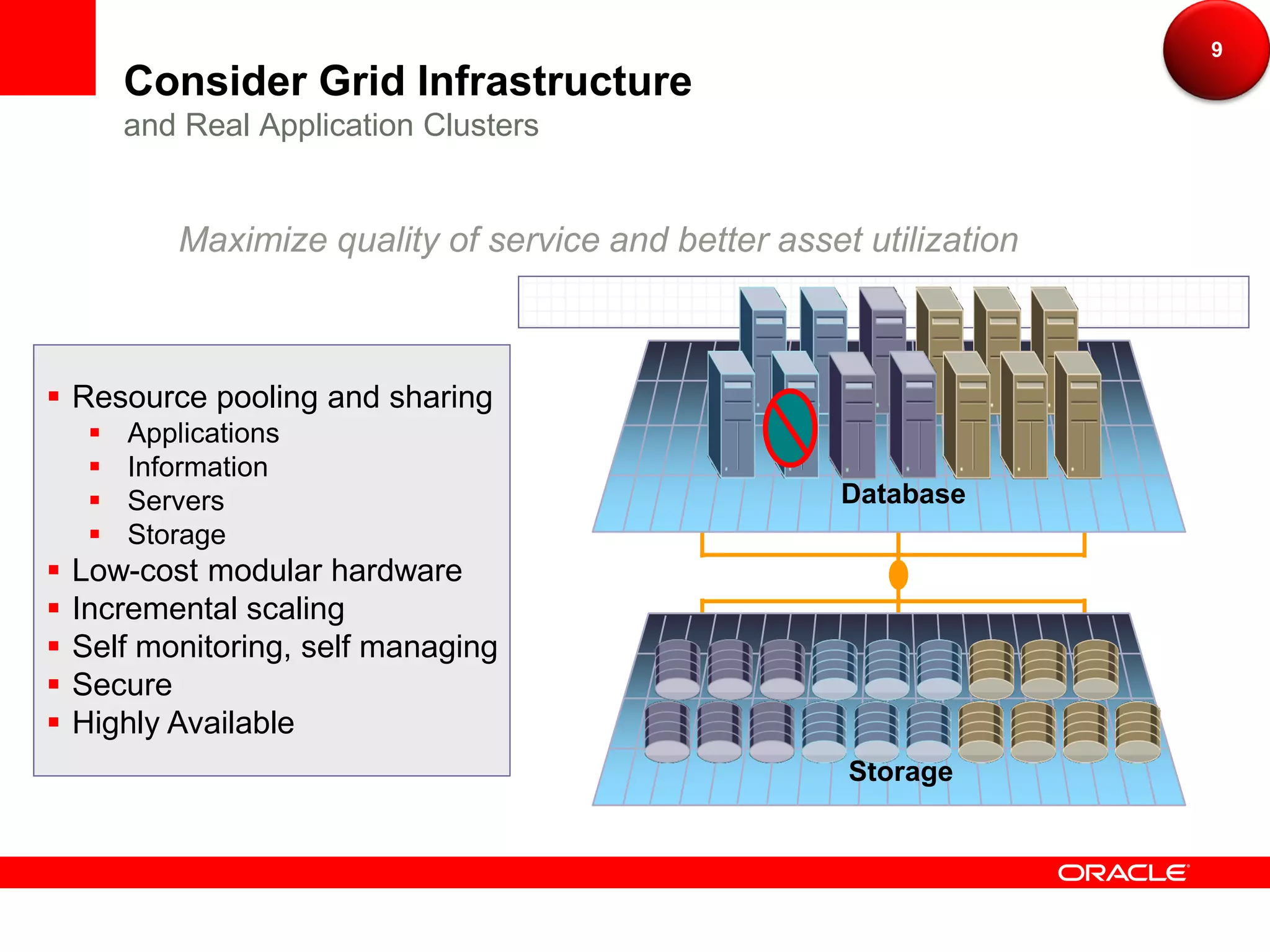 9
         Consider Grid Infrastructure
         and Real Application Clusters


            Maximize quality of service and better asset utilization



 Resource pooling and sharing
        Applications
        Information
        Servers                                        Database
        Storage
   Low-cost modular hardware
   Incremental scaling
   Self monitoring, self managing
   Secure
   Highly Available
                                                        Storage
 