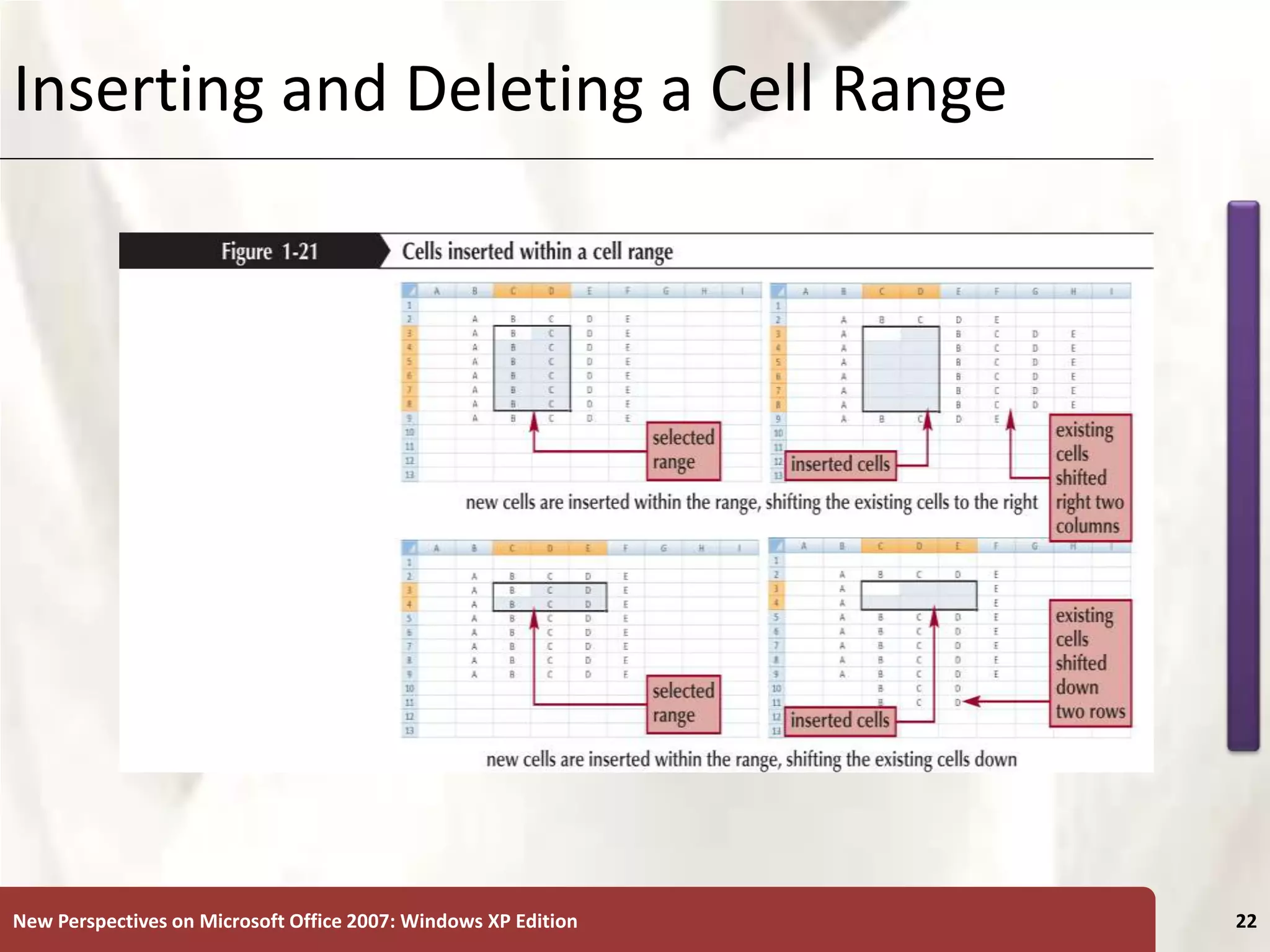 XP
New Perspectives on Microsoft Office 2007: Windows XP Edition 22
Inserting and Deleting a Cell Range
 