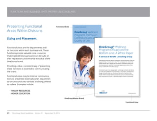 24 OneGroup Brand Guidelines Version 1.1 September 18, 2014
FUNCTIONS AND BUSINESS UNITS PROPER USE GUIDELINES
Presenting Functional
Areas Within Divisions
Sizing and Placement
Functional areas are the departments and/
or functions within each business unit. These
functions provide valuable core resources
that enable OneGroup businesses to build on
their reputations and enhance the value of the
OneGroup brand.
Providing a clear, consistent way of presenting
these functions is essential to communicating
the brand.
Functional areas may be internal communica-
tions or presented externally when departmen-
tal or functional area services are being offered
to a client. Examples include:
HUMAN RESOURCES
HIGHER EDUCATION
HUMAN RESOURCES
OneGroup Wellness
Programs Put You in
Control of Costs and
Quality of Life
OneGroup®
Wellness
Program Efficacy on the
Bottom Line: A White Paper
A Service of Benefit Consulting Group
Specialized external reports and other communications that are
supported by a functional area of the company that should be
noted would use a design like this which promotes OneGroup,
the business unit, and the functional department within One-
Group or Benefit Consulting Group.
Consistent use of our typography and design scheme will allow
us to be more effective in promoting a consistent, professional
image and will make our communications far clearer to the
reader. With multiple levels of business units, functional areas,
and corporate structure, a defined design scheme is essential.
HUMAN RESOURCES
Functional Area
OneGroup Master Brand
Functional Area
 