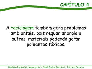 CAPÍTULO 4
Gestão Ambiental Empresarial – José Carlos Barbieri – Editora Saraiva
A reciclagem também gera problemas
ambientais, pois requer energia e
outros materiais podendo gerar
poluentes tóxicos.
 