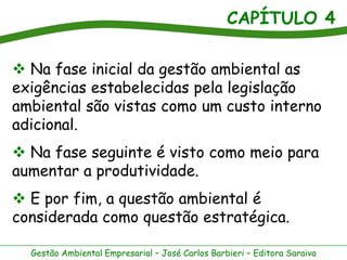 CAPÍTULO 4
Gestão Ambiental Empresarial – José Carlos Barbieri – Editora Saraiva
 Na fase inicial da gestão ambiental as
exigências estabelecidas pela legislação
ambiental são vistas como um custo interno
adicional.
 Na fase seguinte é visto como meio para
aumentar a produtividade.
 E por fim, a questão ambiental é
considerada como questão estratégica.
 