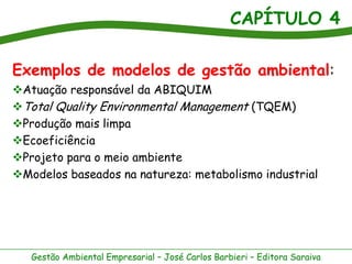 CAPÍTULO 4
Gestão Ambiental Empresarial – José Carlos Barbieri – Editora Saraiva
Exemplos de modelos de gestão ambiental:
Atuação responsável da ABIQUIM
Total Quality Environmental Management (TQEM)
Produção mais limpa
Ecoeficiência
Projeto para o meio ambiente
Modelos baseados na natureza: metabolismo industrial
 