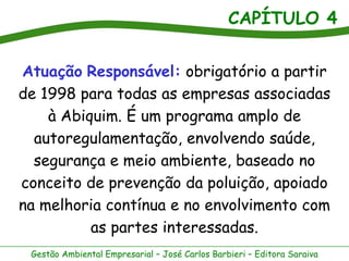 CAPÍTULO 4
Gestão Ambiental Empresarial – José Carlos Barbieri – Editora Saraiva
Atuação Responsável: obrigatório a partir
de 1998 para todas as empresas associadas
à Abiquim. É um programa amplo de
autoregulamentação, envolvendo saúde,
segurança e meio ambiente, baseado no
conceito de prevenção da poluição, apoiado
na melhoria contínua e no envolvimento com
as partes interessadas.
 