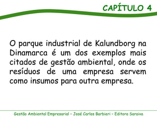 CAPÍTULO 4
Gestão Ambiental Empresarial – José Carlos Barbieri – Editora Saraiva
O parque industrial de Kalundborg na
Dinamarca é um dos exemplos mais
citados de gestão ambiental, onde os
resíduos de uma empresa servem
como insumos para outra empresa.
 