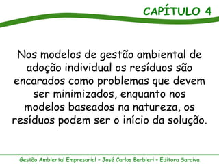 CAPÍTULO 4
Gestão Ambiental Empresarial – José Carlos Barbieri – Editora Saraiva
Nos modelos de gestão ambiental de
adoção individual os resíduos são
encarados como problemas que devem
ser minimizados, enquanto nos
modelos baseados na natureza, os
resíduos podem ser o início da solução.
 