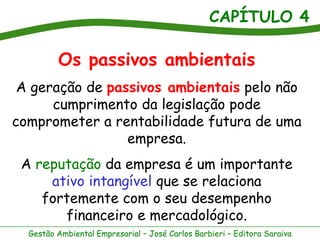 CAPÍTULO 4
Gestão Ambiental Empresarial – José Carlos Barbieri – Editora Saraiva
Os passivos ambientais
A geração de passivos ambientais pelo não
cumprimento da legislação pode
comprometer a rentabilidade futura de uma
empresa.
A reputação da empresa é um importante
ativo intangível que se relaciona
fortemente com o seu desempenho
financeiro e mercadológico.
 