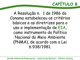 CAPÍTULO 8

     A Resolução n. 1 de 1986 do
   Conama estabeleceu os critérios
    básicos e as diretrizes para o
    uso e implementação de EIA,
    como instrumento do Política
     Nacional do Meio Ambiente
    (PNMA), de acordo com a Lei
             6.938/1981.

Gestão Ambiental Empresarial – José Carlos Barbieri – Editora Saraiva
 