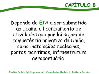 CAPÍTULO 8


 Depende de EIA a ser submetido
   ao Ibama o licenciamento de
  atividades que por lei sejam de
  competência privativa da União,
    como instalações nucleares,
 portos marítimos, infraestrutura
          aeroportuária.

Gestão Ambiental Empresarial – José Carlos Barbieri – Editora Saraiva
 