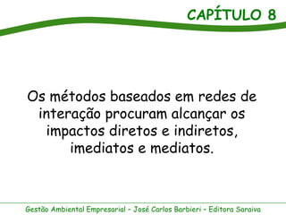 CAPÍTULO 8




Os métodos baseados em redes de
 interação procuram alcançar os
  impactos diretos e indiretos,
      imediatos e mediatos.



Gestão Ambiental Empresarial – José Carlos Barbieri – Editora Saraiva
 