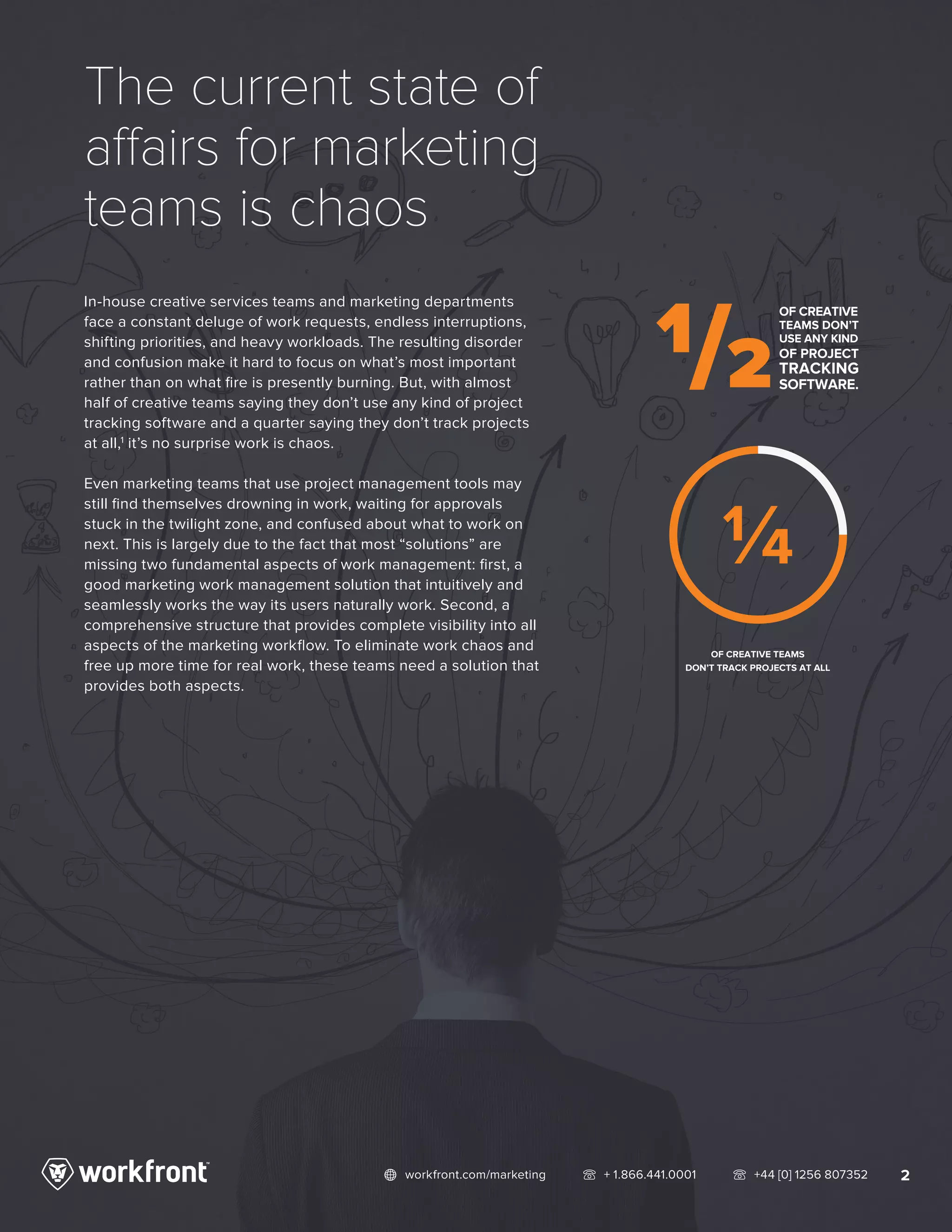 2network workfront.com/marketing   telephone2 + 1.866.441.0001   telephone2 +44 [0] 1256 807352
The current state of
affairs for marketing
teams is chaos
In-house creative services teams and marketing departments
face a constant deluge of work requests, endless interruptions,
shifting priorities, and heavy workloads. The resulting disorder
and confusion make it hard to focus on what’s most important
rather than on what fire is presently burning. But, with almost
half of creative teams saying they don’t use any kind of project
tracking software and a quarter saying they don’t track projects
at all,1
it’s no surprise work is chaos.
Even marketing teams that use project management tools may
still find themselves drowning in work, waiting for approvals
stuck in the twilight zone, and confused about what to work on
next. This is largely due to the fact that most “solutions” are
missing two fundamental aspects of work management: first, a
good marketing work management solution that intuitively and
seamlessly works the way its users naturally work. Second, a
comprehensive structure that provides complete visibility into all
aspects of the marketing workflow. To eliminate work chaos and
free up more time for real work, these teams need a solution that
provides both aspects.
OF CREATIVE TEAMS
DON’T TRACK PROJECTS AT ALL
OF CREATIVE
TEAMS DON’T
USE ANY KIND
OF PROJECT
TRACKING
SOFTWARE.1/2
 