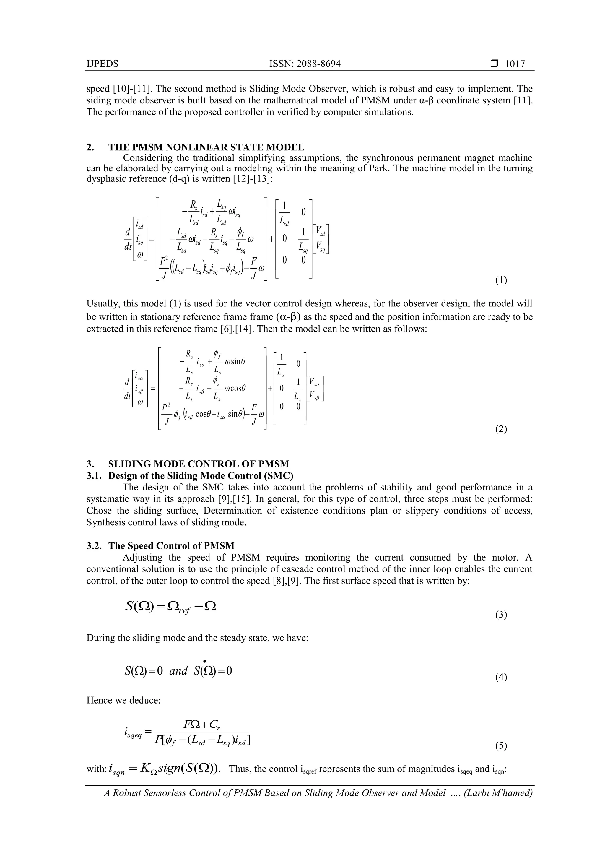A Robust Sensorless Control of PMSM Based on Sliding Mode Observer and ...