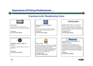 20
Experience in the Manufacturing Sector
Galva Metal
Valuation study to invite potential investors to
participate in thesale ofthe company’s share capital.
Valuation by
FinCorp Investment Holding
Egyptian Intl. Co. for Aluminum
(EIPAL)
Prepareda valuationstudy andfinancial restructuring
upon the request of thecompany’s lenders (banks).
Valuation by
FinCorp Investment Holding
Egyptian Italian Paints Co.-Euroquarzo
A feasibility study for thetiles production Companyto
promotea stakeof thecompany’s shares amongpotential
investors andtoassist the company in securingnecessary
bank loans andfacilities.
Feasibilitystudy by
FinCorp Investment Holding
Metallurgic Industry Holding Co.
(MIHC)
Provision of privatization advisory services to
SOFRECO.
Prepared by
FinCorp Investment Holding
Sinai Cement
A feasibility study to assess the viabilityof establishing
a newcement productionline witha capacity of10,000
clinker per day. Inaddition, FinCorpwas also
requestedto assist the company in promotingthe stake
of the company’s capital increase topotential investors
andalso to assist in securingtherequiredloans for
financingthe secondproduction line.
FeasibilityStudyby
FinCorp Investment Holding
International Co. for Refrigeration &
Appliances (Iberna)
Private placement offeringof a capital increase
amountingto LE10.463milliondistributedamong
208,676 ordinaryshares representing47% ofcapital with
an offeringprice ofLE 50pershare. The proceeds will
be usedto finance the newexpansion facility that will be
establishedin 2001topenetrate thehouseholdappliances
market
Valuation by
FinCorp Investment Holding
Experience of FinCorp Professionals&.
 