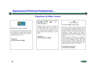 26
Experience in Other Sectors
Manara Holding Co.
Valuation study to offer new issuance of
117,000 ordinary shares, at a fair value of
LE 100 per share (the securities) for sale.
The 117,000 shares will represent 57% of
the Company’s shares amounting to LE 20.6
million.
Valuation by
FinCorp Investment Holding
Experience of FinCorp Professionals&.
Misr Duty Free Shops Company
A valuation study to determine the fair value
ofthe Company’s shares in light of the desire
ofthe BOD of the Company to increase the
capitalthrough a new issue.
Valuation by
FinCorp Investment Holding
NAVISAT Middle East & Africa
Analyzing the business model developed by Booz &
Co, Assist business and technical consultant in the
business plan process, estimate the fair market value of
NAVISAT, conduct a fund raising study, propose the
shareholders’ strategy, prepare the necessary
documents for fund raising from investment banks and
financial funds, start a road show material for fund
raising..
The overall goal of NAVISAT is to contribute to
improving Communications, Navigation, Surveillance
and Air Traffic Management services that would
provide cost-effective satellite communications and
major improvements in the aeronautical services, thus
enhancing safety and efficiency of air transport.
Financial Advisory Services by
FinCorpInvestment Holding
 
