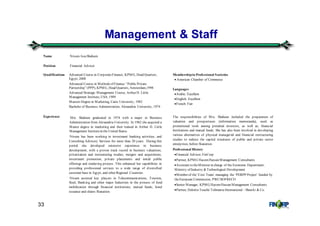 33
Management & Staff
Name Niveen IssaShaheen
Position Financial Advisor
Qualifications Advanced Course in CorporateFinance, KPMG, Head Quarters,
Egypt, 2008
Advanced Course in Methods of Finance “Public Private
Partnership”(PPP), KPMG, Head Quarters, Amsterdam,1998
Advanced Strategic Management Course, Arthur D. Little
Management Institute, USA, 1989
Masters Degree in Marketing, Cairo University, 1982
Bachelor of Business Administration, Alexandria University, 1974
Experience Mrs. Shaheen graduated in 1974 with a major in Business
Administration from Alexandria University. In 1982 she acquired a
Master degree in marketing and then trained in Arthur D. Little
Management Institutein the United States.
Niveen has been working in investment banking activities, and
Consulting Advisory Services for more than 20 years. During this
period she developed extensive experience in business
development, with a proven track record in business valuations,
privatization and restructuring studies, mergers and acquisitions,
investment promotion, private placements and initial public
offerings and tendering process. This enhanced her capabilities in
providing professional services to a wide range of diversified
customer base in Egypt, and other Regional Countries.
Niveen assisted key players in Telecommunications, Tourism,
Steel, Banking and other major Industries in the process of fund
mobilization through financial institutions, mutual funds, bond
issuance and shares floatation.
Membershipin Professional Societies
• American Chamber of Commerce
Languages
•Arabic: Excellent
•English: Excellent
•French: Fair
The responsibilities of Mrs. Shaheen included the preparation of
valuation and prospectuses (information memoranda), used as
promotional tools among potential investors, as well as, financial
Institutions and mutual funds. She has also been involved in developing
various alternatives of physical managerial and financial restructuring
studies to redress the capital structures of public and private sector
enterprises, before floatation.
Professional History
•Financial Advisor, FinCorp
•Partner, KPMG HazemHassan Management Consultants
•Assistant to theMinister in charge of the Economic Department,
Ministry of Industry &Technological Development
•Member of the‘Core Team’ managing the ‘PERPP Project’ funded by
theEuropean Commission, PWC/SOFRECO
•Senior Manager, KPMG HazemHassan Management Consultants
•Partner, DeloitteTouché Tohmatsu International - Shawki & Co.
 