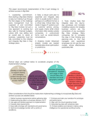 3
This paper recommends implementation of this 4 part strategy to
achieve success in Big Data
1. Leadership commitment-
Kick-starting a Big Data initiative
is easy but making it go through
the final stages is the challenge
every management must be
cognizant of and committed
to. Big Data involves not just a
new approach to working but
also calls for financial budgets,
culture shift, new skilling and
an overall plan to relook at
business. Leadership must be
fully committed to this initiative
and integrate Big Data in their
strategic plans
2. Data- a robust work plan to
assemble and integrate data
which is usually buried in silos or
perhaps is in a different format, is
a critical step. Critical data may
reside in legacy IT systems such
as customer service, pricing,
and supply chains while critical
information often resides outside
companies, in unstructured
forms such as social-network
conversations.
3. Analytics model- Advanced
analytic models are needed
toenabledata-drivenoptimization
or predictions.
4. Tools- intuitive tools that
integrate data into day-to-
day processes and translate
modelling outputs into tangible
business actions are the
cornerstone of any successful
Big Data strategy. Many
companies fail to complete
this step in their thinking and
planning—only to find that
managers and operational
employees do not use the new
models, whose effectiveness
predictably falls
Tactical steps are outlined below to accelerate progress of the
implementation strategy
Develop a road-map
to support sharing
and managing
content through tools
for data storage and
access methods
Identify and adopt the
technology to be able
to collect data aligned
to the business
strategy and goals
Seamless governance
compliance. Adoption
and usage of data
should follow the
standard and local
geography policies.
Continuously
develop a culture to
promote big data
leaders to facilitate
decision making,
insight discovery and
process optimization.
Other considerations that should be made when implementing a strategy to incorporate Big Data and
achieve success are detailed below
1. Gather business requirements before gathering data
2. Implementing big data is a business decision not IT
3. Use agile and iterative approach to implementation
4. Evaluate data requirements.
5. Ease skills shortage with standards and governance.
6. Optimize knowledge transfer with a centre of
excellence.
7. Embrace and plan your sandbox for prototype
and performance.
8. Align with the cloud operating model
9. Associate big data with enterprise data:
10. Embed analytics and decision-making using
intelligence into operational workflow/routine
Big Data
**
 