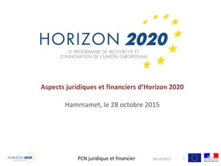 Aspects juridiques et financiers d’Horizon 2020
Hammamet, le 28 octobre 2015
28/10/2015PCN juridique et financier 1
 