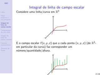 AM2
Linha
Vetor
tangente e
reta tangente
Integral de
linha de
campo escalar
Comprimento
de uma linha
Integral de
linha de
campo vetorial
Campos
conservativos
Teorema de
Green
Integral de linha de campo escalar
Considere uma linha/curva em R3
E o campo escalar f (x, y, z) que a cada ponto (x, y, z) (de R3-
em particular da curva) faz corresponder um
n´umero/quantidade/altura.
17/49
 