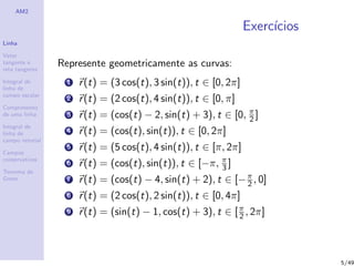 AM2
Linha
Vetor
tangente e
reta tangente
Integral de
linha de
campo escalar
Comprimento
de uma linha
Integral de
linha de
campo vetorial
Campos
conservativos
Teorema de
Green
Exerc´ıcios
Represente geometricamente as curvas:
1 r(t) = (3 cos(t), 3 sin(t)), t ∈ [0, 2π]
2 r(t) = (2 cos(t), 4 sin(t)), t ∈ [0, π]
3 r(t) = (cos(t) − 2, sin(t) + 3), t ∈ [0, π
2 ]
4 r(t) = (cos(t), sin(t)), t ∈ [0, 2π]
5 r(t) = (5 cos(t), 4 sin(t)), t ∈ [π, 2π]
6 r(t) = (cos(t), sin(t)), t ∈ [−π, π
3 ]
7 r(t) = (cos(t) − 4, sin(t) + 2), t ∈ [−π
2 , 0]
8 r(t) = (2 cos(t), 2 sin(t)), t ∈ [0, 4π]
9 r(t) = (sin(t) − 1, cos(t) + 3), t ∈ [π
2 , 2π]
5/49
 
