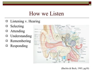 How we Listen Listening v. Hearing Selecting Attending Understanding Remembering Responding (Bachin & Beck, 1985, pg10) 
