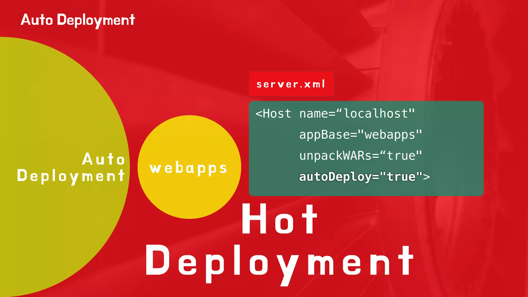 s e r v e r . x m l 
H o t 
D e p l o y m e n t 
Auto Deployment 
A u t o 
D e p l o y m e n t w e b a p p s 
<Host name=“localhost" 
appBase="webapps" 
unpackWARs=“true" 
autoDeploy="true"> 
 