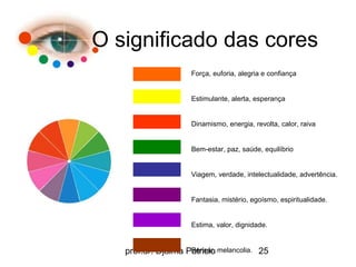 O significado das cores
                     Força, euforia, alegria e confiança


                     Estimulante, alerta, esperança


                     Dinamismo, energia, revolta, calor, raiva


                     Bem-estar, paz, saúde, equilíbrio


                     Viagem, verdade, intelectualidade, advertência.


                     Fantasia, mistério, egoísmo, espiritualidade.


                     Estima, valor, dignidade.


   prof.dr. Djalma Patricio melancolia. 25
                    Pensar,
 