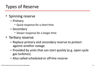 20
Types of Reserve
• Spinning reserve
– Primary
• Quick response for a short time
– Secondary
• Slower response for a longer time
• Tertiary reserve
– Replace primary and secondary reserve to protect
against another outage
– Provided by units that can start quickly (e.g. open cycle
gas turbines)
– Also called scheduled or off-line reserve
© 2011 Daniel Kirschen and the University of Washington
 