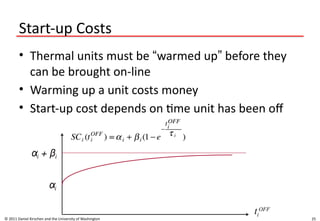 25
Start-up Costs
• Thermal units must be “warmed up” before they
can be brought on-line
• Warming up a unit costs money
• Start-up cost depends on time unit has been off
© 2011 Daniel Kirschen and the University of Washington
ti
OFF
αi
αi + βi
 