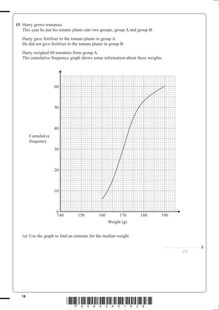 15 Harry grows tomatoes.
   This year he put his tomato plants into two groups, group A and group B.
   Harry gave fertiliser to the tomato plants in group A.
   He did not give fertiliser to the tomato plants in group B.
   Harry weighed 60 tomatoes from group A.
   The cumulative frequency graph shows some information about these weights.




                     60



                     50



                     40
        Cumulative
        frequency
                     30



                     20



                     10



                      0
                      140          150         160         170      180       190
                                                     Weight (g)


   (a) Use the graph to find an estimate for the median weight.

                                                                                ..............................................   g
                                                                                                        (1)




   16
                            *P40645A01628*
 