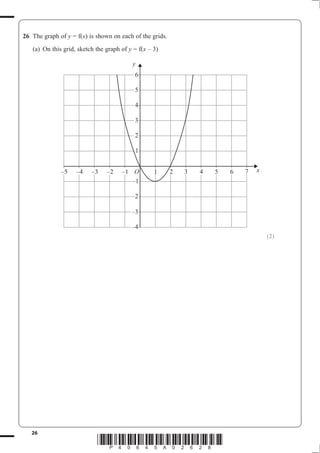 26 The graph of y = f(x) is shown on each of the grids.
   (a) On this grid, sketch the graph of y = f(x – 3)

                                          y
                                           6

                                           5

                                           4

                                           3

                                           2

                                           1


              –5    –4    –3    –2    –1 O         1      2   3   4   5   6   7   x
                                         –1

                                          –2

                                          –3

                                          –4
                                                                                      (2)




   26
                            *P40645A02628*
 