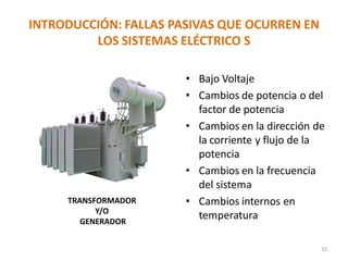 • Bajo Voltaje
• Cambios de potencia o del
factor de potencia
• Cambios en la dirección de
la corriente y flujo de la
potencia
• Cambios en la frecuencia
del sistema
• Cambios internos en
temperatura
INTRODUCCIÓN: FALLAS PASIVAS QUE OCURREN EN
LOS SISTEMAS ELÉCTRICO S
10
TRANSFORMADOR
Y/O
GENERADOR
 