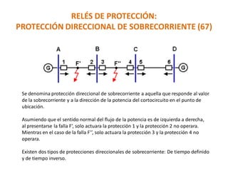 RELÉS DE PROTECCIÓN:
PROTECCIÓN DIRECCIONAL DE SOBRECORRIENTE (67)
Se denomina protección direccional de sobrecorriente a aquella que responde al valor
de la sobrecorriente y a la dirección de la potencia del cortocircuito en el punto de
ubicación.
Asumiendo que el sentido normal del flujo de la potencia es de izquierda a derecha,
al presentarse la falla F’, solo actuara la protección 1 y la protección 2 no operara.
Mientras en el caso de la falla F’’, solo actuara la protección 3 y la protección 4 no
operara.
Existen dos tipos de protecciones direccionales de sobrecorriente: De tiempo definido
y de tiempo inverso.
 