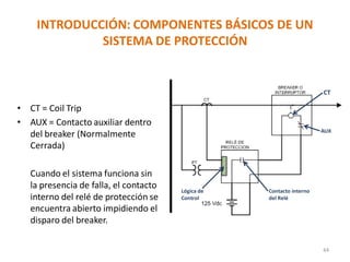 INTRODUCCIÓN: COMPONENTES BÁSICOS DE UN
SISTEMA DE PROTECCIÓN
44
• CT = Coil Trip
• AUX = Contacto auxiliar dentro
del breaker (Normalmente
Cerrada)
Cuando el sistema funciona sin
la presencia de falla, el contacto
interno del relé de protección se
encuentra abierto impidiendo el
disparo del breaker.
CT
AUX
Lógica de
Control
Contacto interno
del Relé
 