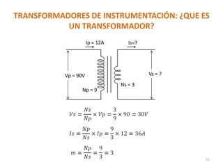 TRANSFORMADORES DE INSTRUMENTACIÓN: ¿QUE ES
UN TRANSFORMADOR?
51
Vp = 90V Vs = ?
Ip = 12A Is=?
Np = 9
Ns = 3
 