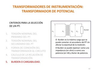 TRANSFORMADORES DE INSTRUMENTACIÓN:
TRANSFORMADOR DE POTENCIAL
CRITERIOS PARA LA SELECCIÓN
DE UN PT:
1. TENSIÓN NOMINAL DEL
PRIMARIO DEL PT
2. TENSIÓN NOMINAL DEL
SECUNDARIO DEL PT
3. FORMA DE CONEXIÓN DEL
TRANSFORMADOR AL CIRCUITO
4. CALCULO DE LA RELACIÓN DE
TRANSFORMACIÓN.
5. BURDEN O CARGABILIDAD.
El Burden es la máxima carga que se
puede conectar al secundario del PT sin
afectar la exactitud de la medición.
El Burden se puede expresar como una
impedancia (en ohm) o como una
potencia (en VA) y factor de potencia.
67
 