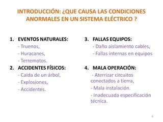 INTRODUCCIÓN: ¿QUE CAUSA LAS CONDICIONES
ANORMALES EN UN SISTEMA ELÉCTRICO ?
1. EVENTOS NATURALES:
- Truenos,
- Huracanes,
- Terremotos.
2. ACCIDENTES FÍSICOS:
- Caída de un árbol,
- Explosiones,
- Accidentes.
3. FALLAS EQUIPOS:
- Daño aislamiento cables,
- Fallas internas en equipos
4. MALA OPERACIÓN:
- Aterrizar circuitos
conectados a tierra,
- Mala instalación.
- Inadecuada especificación
técnica.
8
 