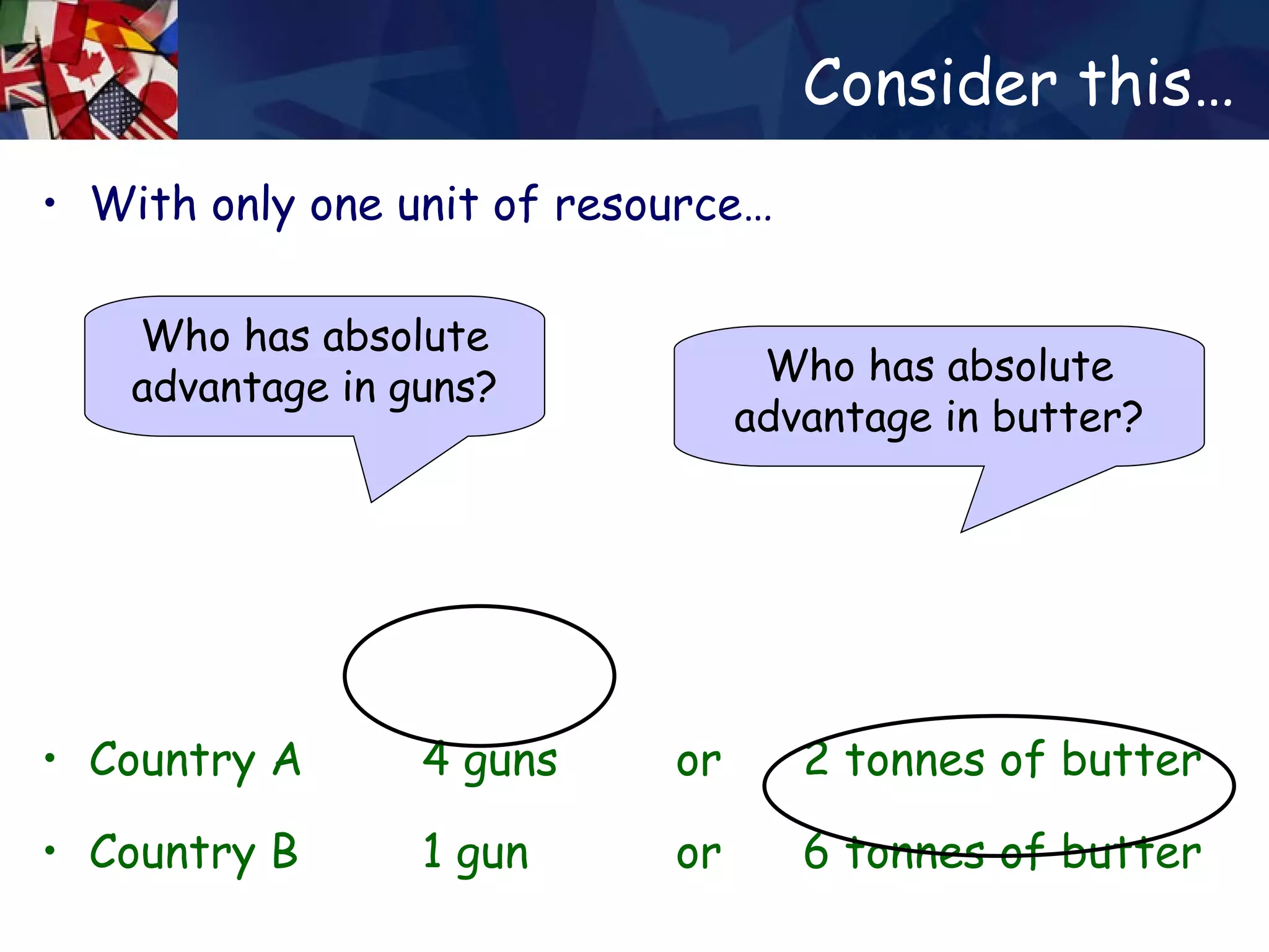 Consider this… With only one unit of resource… Country A  4 guns  or  2 tonnes of butter Country B  1 gun  or  6 tonnes of butter Who has absolute advantage in guns? Who has absolute advantage in butter? 