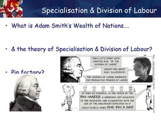 Specialisation & Division of Labour What is Adam Smith’s Wealth of Nations…. & the theory of Specialisation & Division of Labour? Pin factory? 