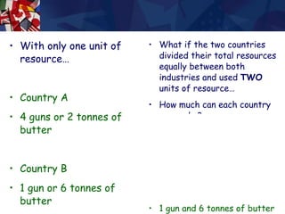 With only one unit of resource… Country A  4 guns or 2 tonnes of butter Country B  1 gun or 6 tonnes of butter What if the two countries divided their total resources equally between both industries and used  TWO  units of resource… How much can each country now make? Country A  4 guns and 2 tonnes of butter Country B  1 gun and 6 tonnes of butter 