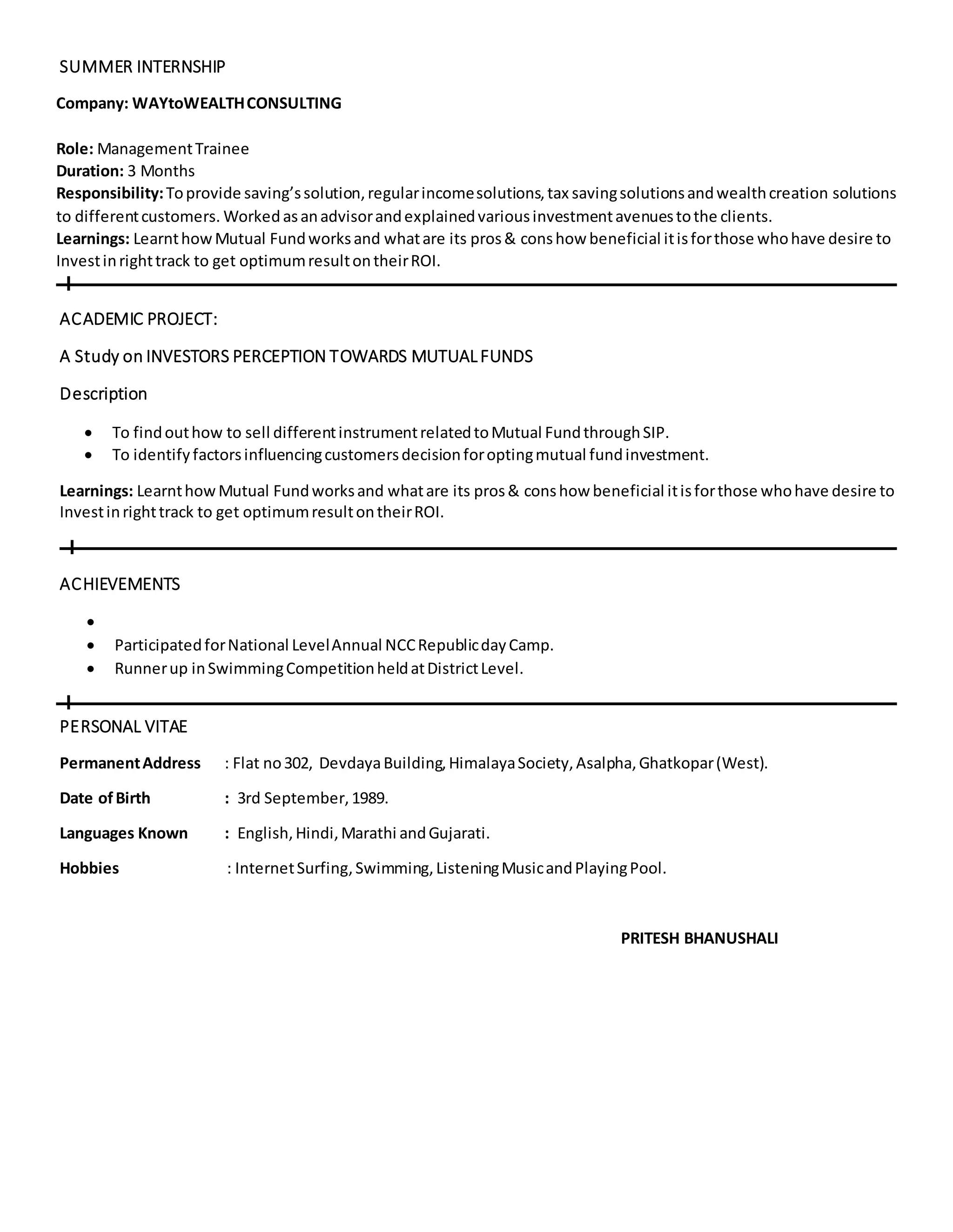 Pritesh resume mba pdf